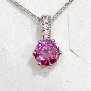 Pink & White Moissanite pendant necklace 7mm round VS quality in Plat/925SS 20"